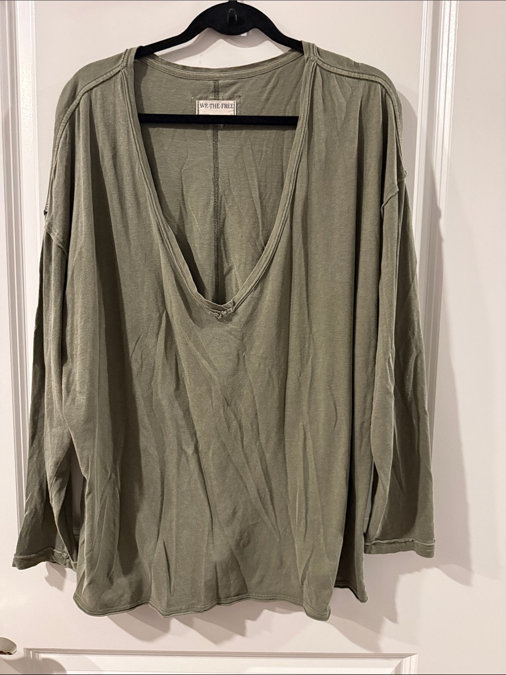 We The Free Nina Sage Olive V-Neck Oversized Long Sleeve Top